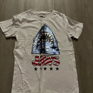 White JAWS T-Shirt with Sequin Shark Design
